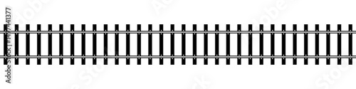 Top view of straight railway isolated on white background. Direct railroad track with rails and ties. Transportation infographic. Seamless vector illustration.