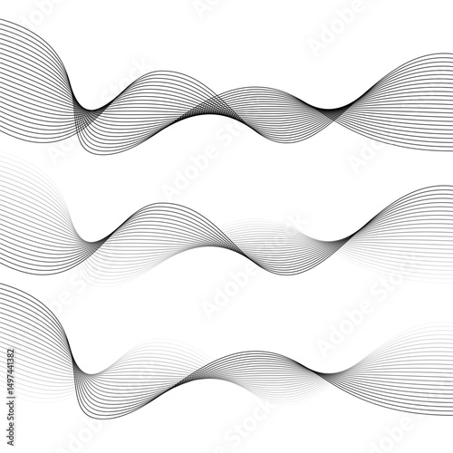 Set of black abstract wave line isolated on white background. Smooth flowing curved stripes in gradient style. Futuristic motion design, minimal geometric pattern. Graphic vector illustration.