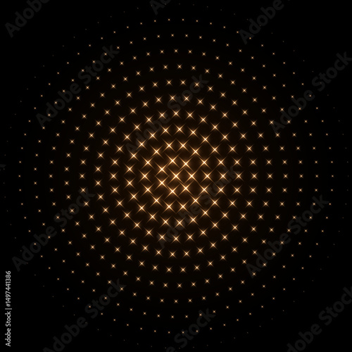 Abstract golden halftone star dotted round pattern. Black geometric shape with gradient effect on black background. Minimalistic, futuristic, graphic vector illustration.
