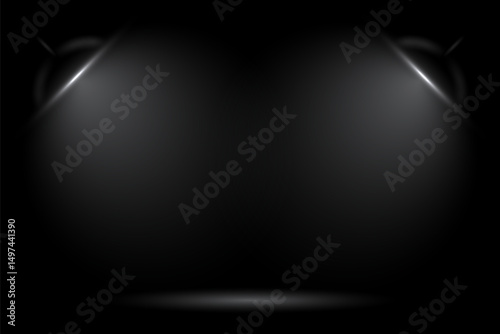 Spotlight on dark stage. Soft overhead light beam from lamp on black empty podium. Realistic vector illustration for product display, award ceremony, or presentation design.