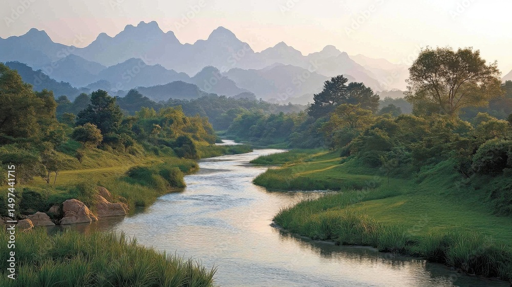 Fototapeta premium Lush Green River Valley with Rolling Mountains and Soft Morning Light