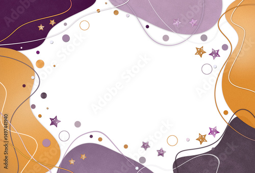 Orange -plum colors spots frame invitation or greeting background template with stars ,confetti and thin wavy ribbons decorations . Free copy space.