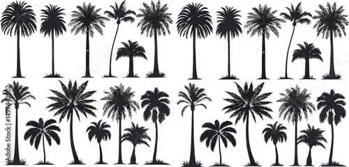 palm trees silhouette set. palm tree monochrome print, drawing tropics coconut island plant birds vector illustration