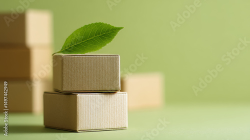 A pile of paper boxes and cardboard are placed with green plants, symbolizing their biodegradability or recyclability, embodying the concepts of sustainable development, zero waste and green economy
