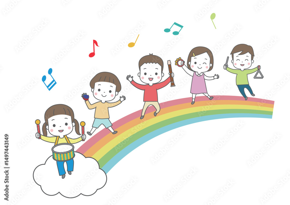 虹の上で楽しそうに楽器を演奏している子供たち 虹の上で楽しそうに楽器を演奏している子供たち