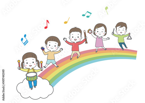 虹の上で楽しそうに楽器を演奏している子供たち