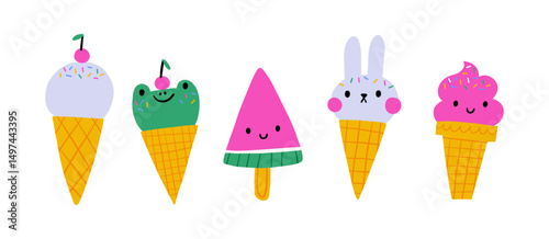 Cute cartoone ice cream - vector illustration in flat style. Playful deserts