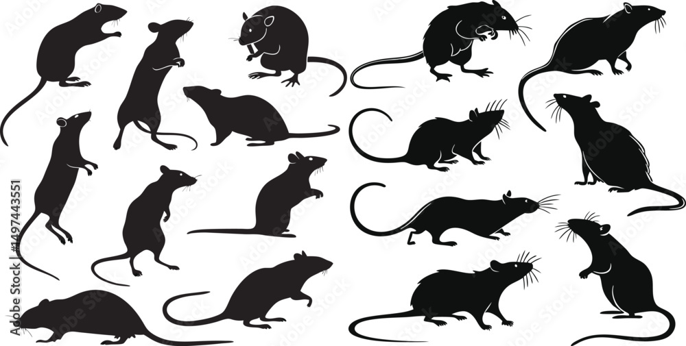 Fototapeta premium A set of Rat silhouette black colors in different sitting and standing styles, and playing. silhouette of a realistic rat.