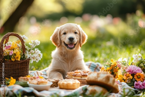 Golden retriever puppy enjoying a picnic in a sunny garden