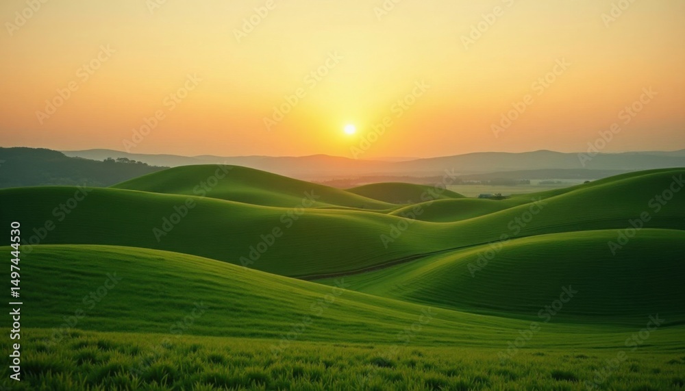 Fototapeta premium Rolling green hills are illuminated at sunrise, displaying a calming, peaceful vista scene.
