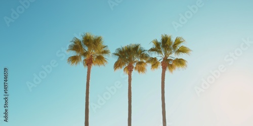 Three palm trees are standing in a field with a blue sky in the background. The trees are tall and green, and they are the only objects in the image