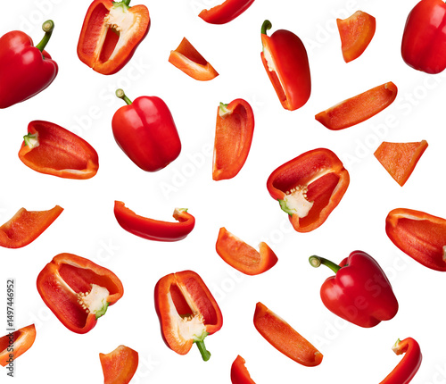 Pattern of whole and sliced red fresh bell pepper isolated on white background. With clipping path. Cut out sweet pepper for your design, mockup for advertising. Vegetable background