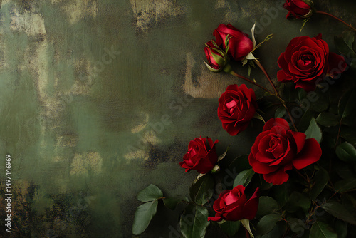 A beautiful arrangement of red roses on a textured green background, showcasing the vibrant petals and lush green leaves, ideal for romantic themes or floral designs.