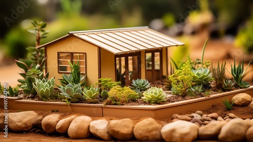 A low-impact eco house model with timber cladding and green roof, staged on a warm earth-tone background.