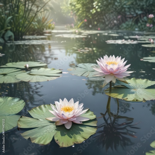 Delicate watercolor water lilies, serene garden scene ,  petals,  soft