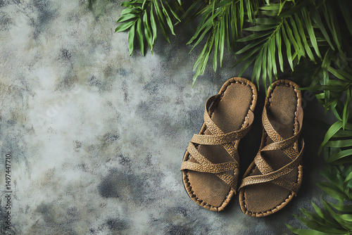 A pair of stylish brown sandals placed on a textured background with green palm leaves. The sandals feature a cross-strap design, ideal for summer or casual wear.
