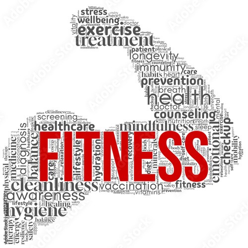 Fitness word cloud featuring health, training, and motivation terms. Perfect for gym visuals, personal training, wellness content, and active lifestyle branding or promotions