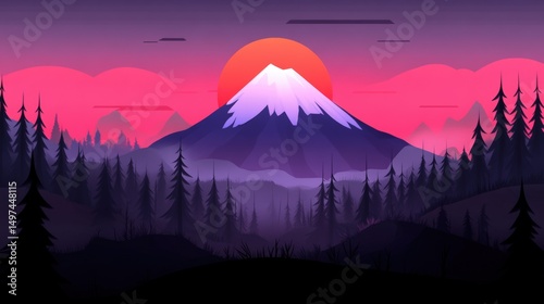 Colorful sunset over a snow-capped mountain surrounded by pine trees and misty valleys