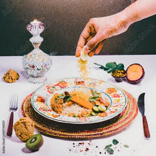 Plated Vegetarian Meal with Hand Seasoning