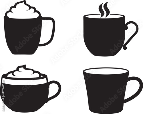 Black Coffee Cup Silhouettes with Cream Topping – Vector Set

