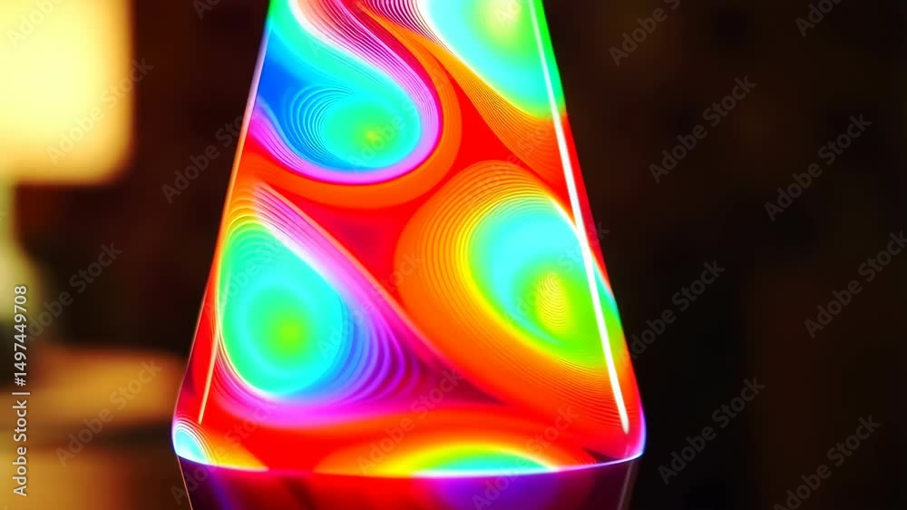 Brightly colored psychedelic fluid lamp with hypnotic swirls of vibrant light and patterns, perfect for retro or futuristic themes