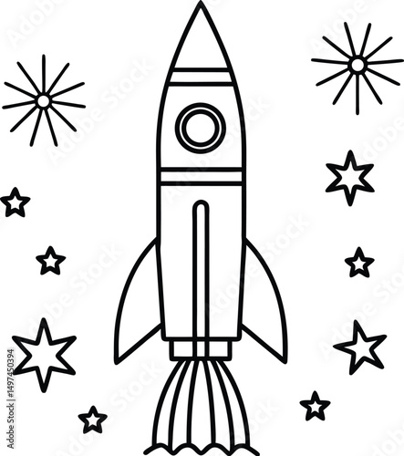 Simple Black Line Art Rocket Launching Vertically Minimalist Patriotic Design for Independence Day