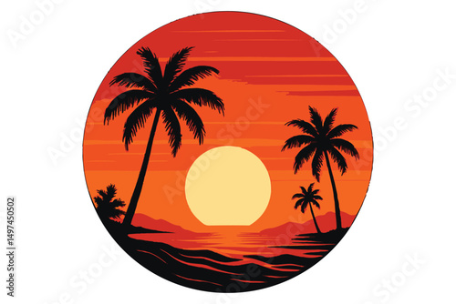 Palm tree silhouette on a tropical beach at sunset