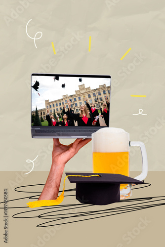Artwork banner 3D collage of education college hat diploma study university celebrate graduation meeting croup young lady man beer glass