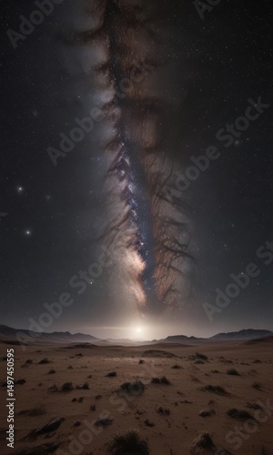 Distant galaxies shine faintly beyond a dense field of cosmic dust and Milky Way stars ,  deep space,  blue nebula