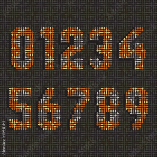 A vibrant set of mosaic pixel-style numbers from 0 to 9 in orange tones, displayed on a dark grid background. Ideal for digital design, gaming, retro art, and typography projects.