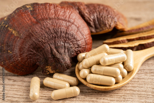 Canvastavla Lingzhi or Reishi mushroom with capsules, organic natural healthy food