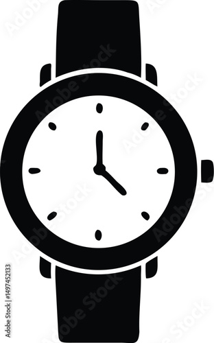 Isolated stylish wristwatch shows half past ten with a black strap and bezel over white
