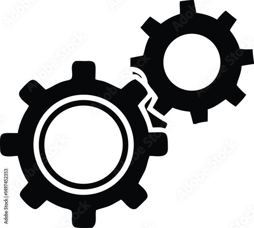 Two connected black gears interlock to symbolize mechanical function on a transparent background