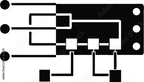 Black and white circuit board has connected lines and shapes on a transparent backdrop