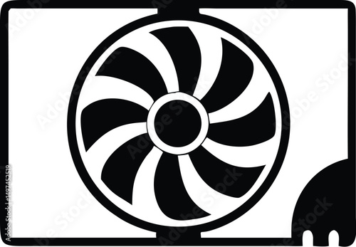 Simple computer fan icon features bold black lines on a transparent backdrop