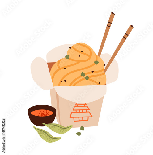 Flat vector illustration of delicious noodles in a bowl with chopsticks. Warm and cozy bowl of noodles with steam and spices. Asian comfort food.