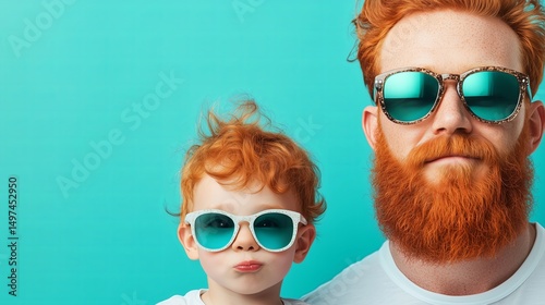 Father with red beard and little son with bright red hair, with bizarre identical haircuts, in identical stylish sunglasses on uniform background