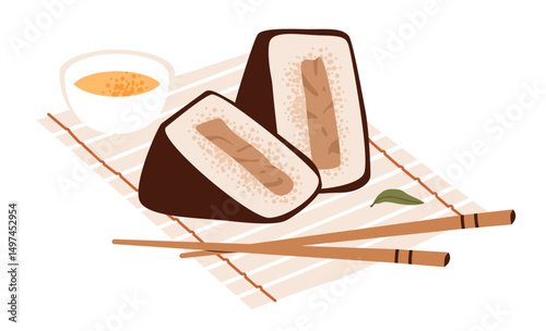 Onigiri in flat vector style. A simple Japanese rice snack wrapped in seaweed. Japanese onigiri with rice and nori.