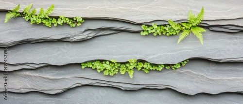 Lush green ferns and small plants emerge from layered gray stone, creating a stunning contrast and showcasing the resilience of flora in a tropical environment