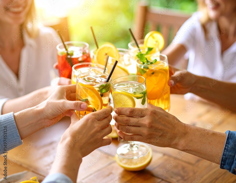 Fototapeta premium Friends toast with assorted drinks, hands raised in cheer, warm indoor setting, casual and festive vibe.