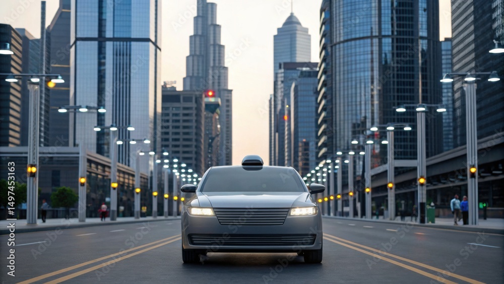 Naklejka premium A modern self-driving car travels on an empty city street surrounded by tall glass skyscrapers at dusk.
