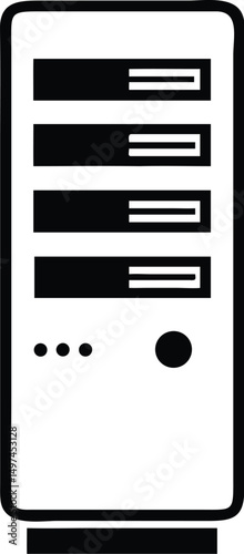Simplified black server tower shows drive bays and indicator lights on transparent background