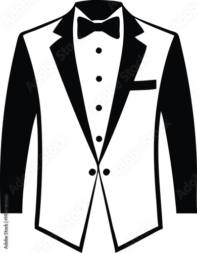Elegant monochrome tuxedo featuring a bow tie and buttoned shirt creates sophistication with transparency
