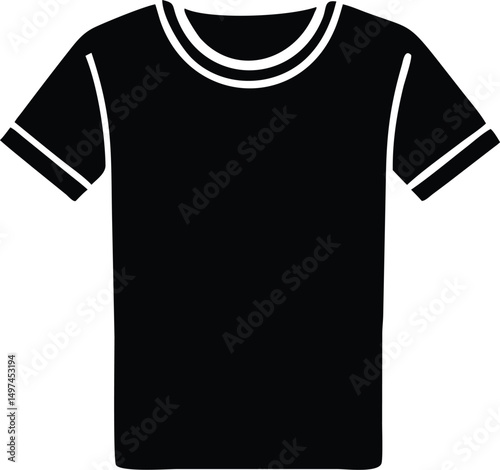 Minimalist black t shirt design with a crew neckline presented against a transparent background