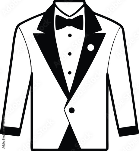 Isolated formal tuxedo jacket features bow tie and lapel pin against white background