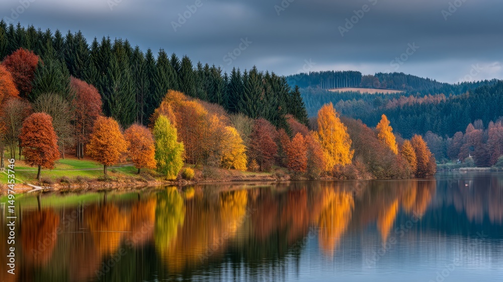 Fototapeta premium forest lake with floating autumn leaves and vivid reflections in calm, golden light