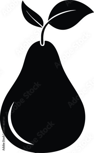 Isolated black pear icon shows a simple fruit with two leaves transparent background
