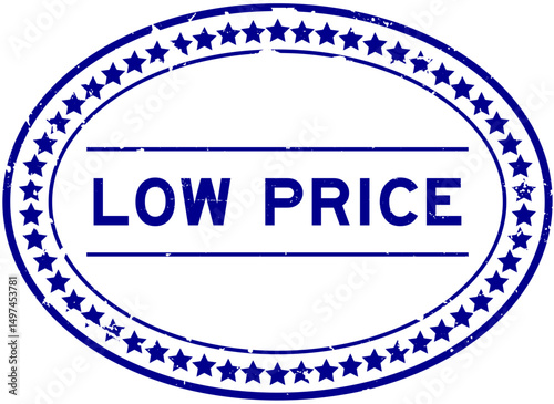 Grunge blue low price word oval rubber seal stamp on white background