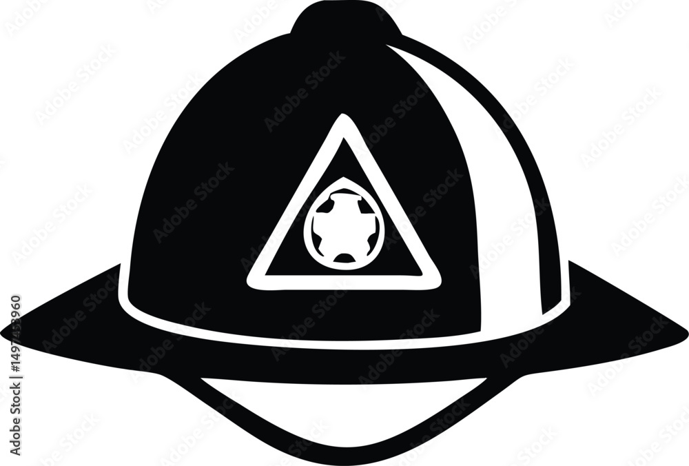 Fototapeta premium Black silhouette showcases the firefighter helmet adorned with distinctive triangular insignia, presented on transparent background