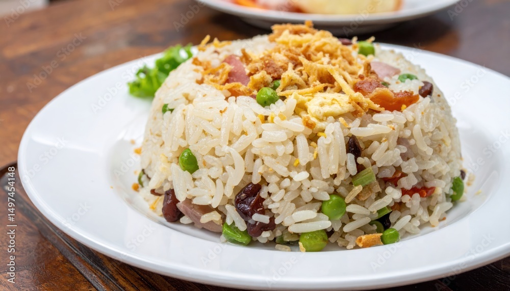 Aromatic fried rice dish adorned with crispy shallots on a white plate Aromatic fried rice dish adorned with crispy shallots on a white plate